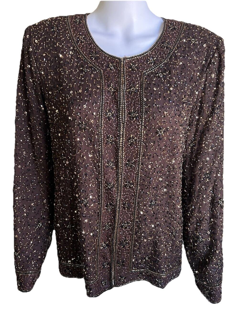 Vintage Stenay 100% Silk Beaded Sequin Jacket Women’s L Brown Art Deco Artsy